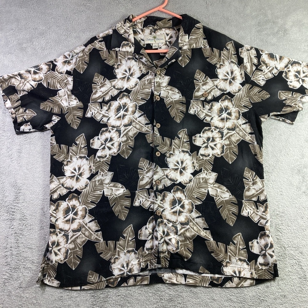 Island Shores Hawaiian Shirt Men XL Black Floral Button Up Tropical Rayon Casual